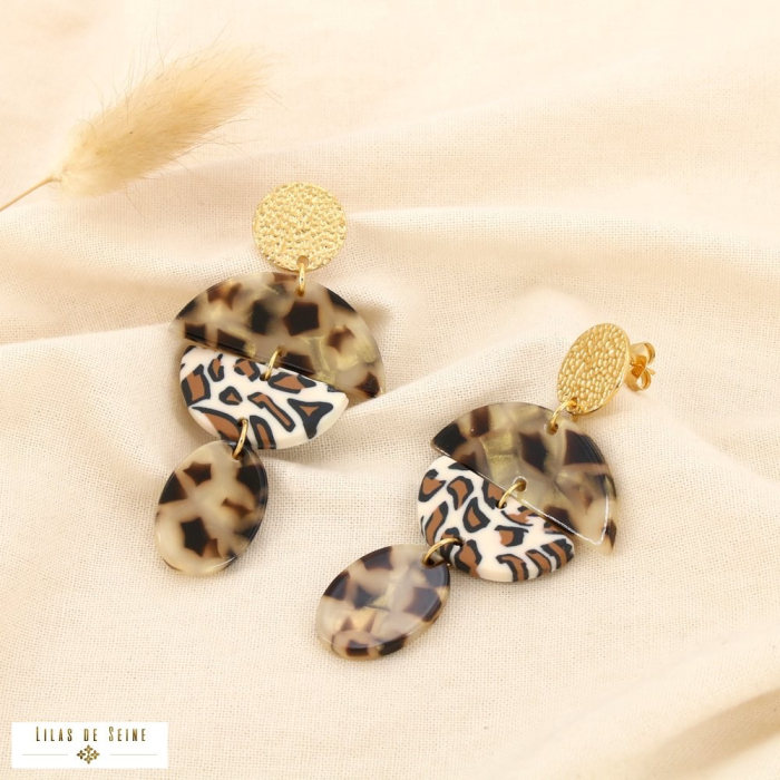 Boucles d’oreilles acier inoxydable résine léopard 0325563 naturel/beige