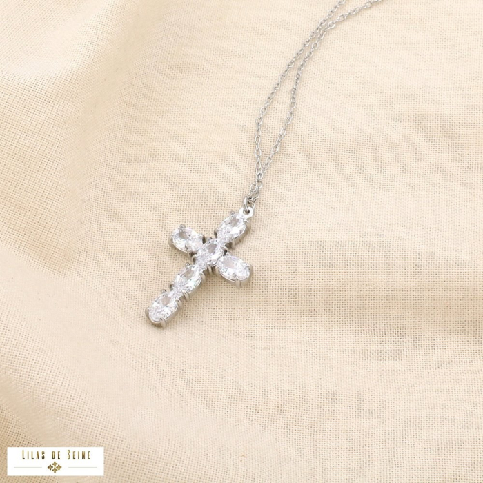 Collier acier inoxydable pendentif croix strass 0125506 argenté