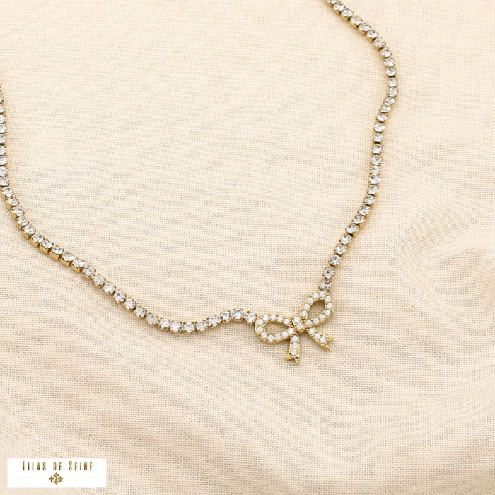 Collier acier inoxydable pendentif nœud strass 0125513 doré