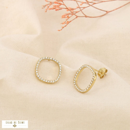 Boucles d’oreilles acier inox strass anneau carré 0325549 doré