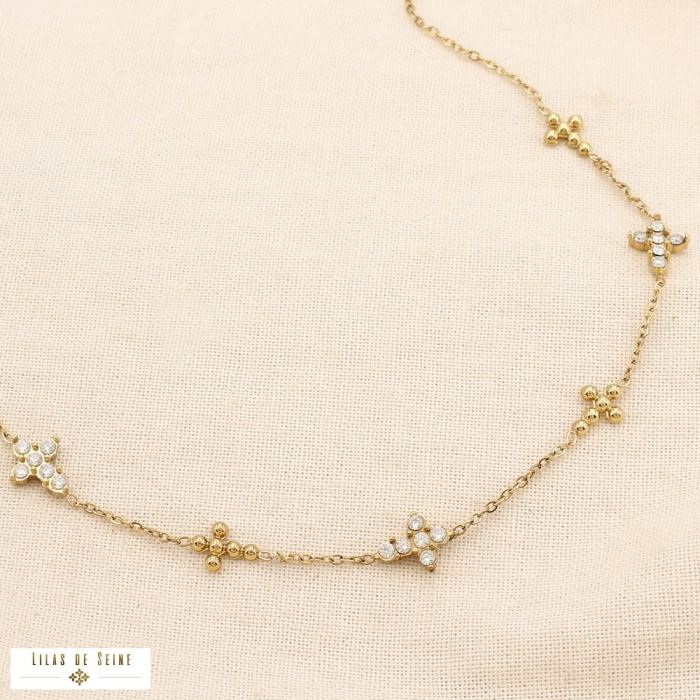Collier acier inoxydable minimaliste croix strass 0125560 doré
