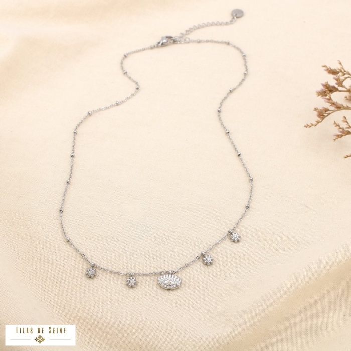 Collier acier inoxydable pampilles œil fleurs strass 0125562 argenté