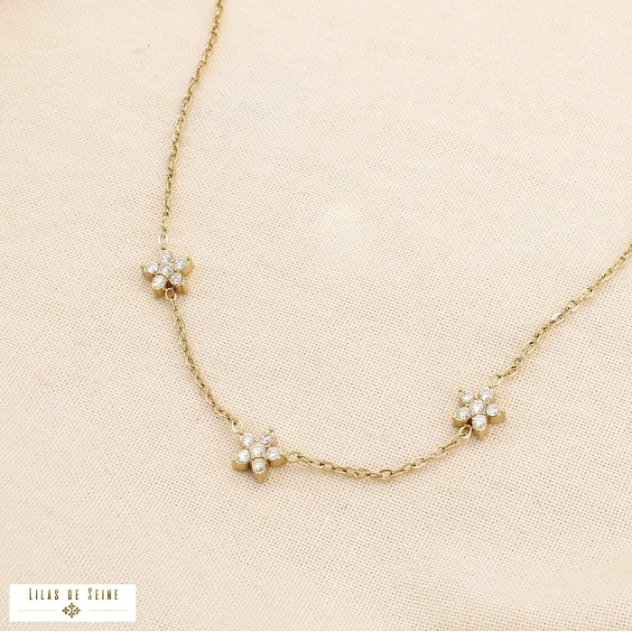 Collier acier inoxydable minimaliste fleur strass 0125564 doré