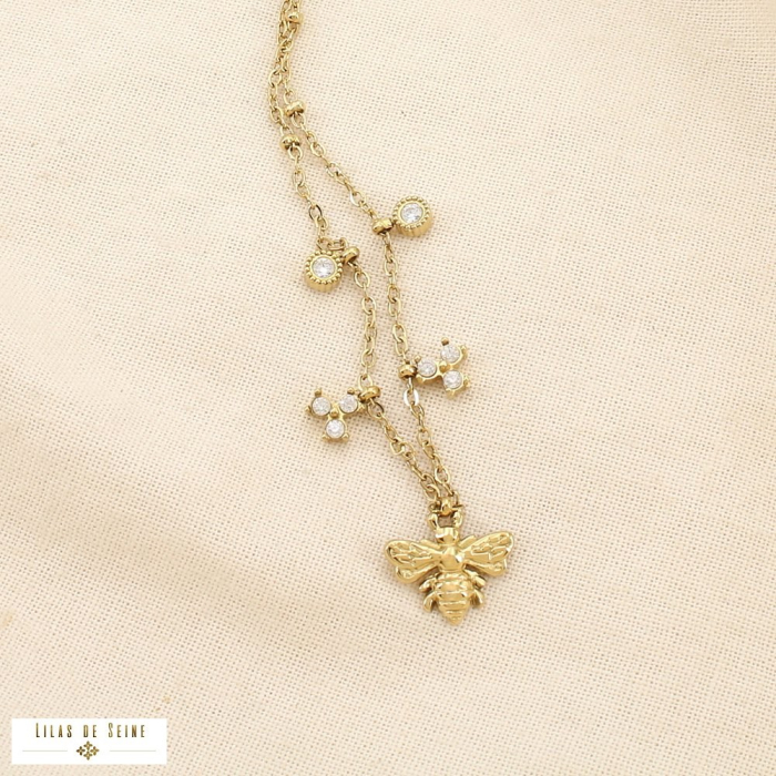 Collier acier inoxydable pendentif abeille strass 0125567 doré