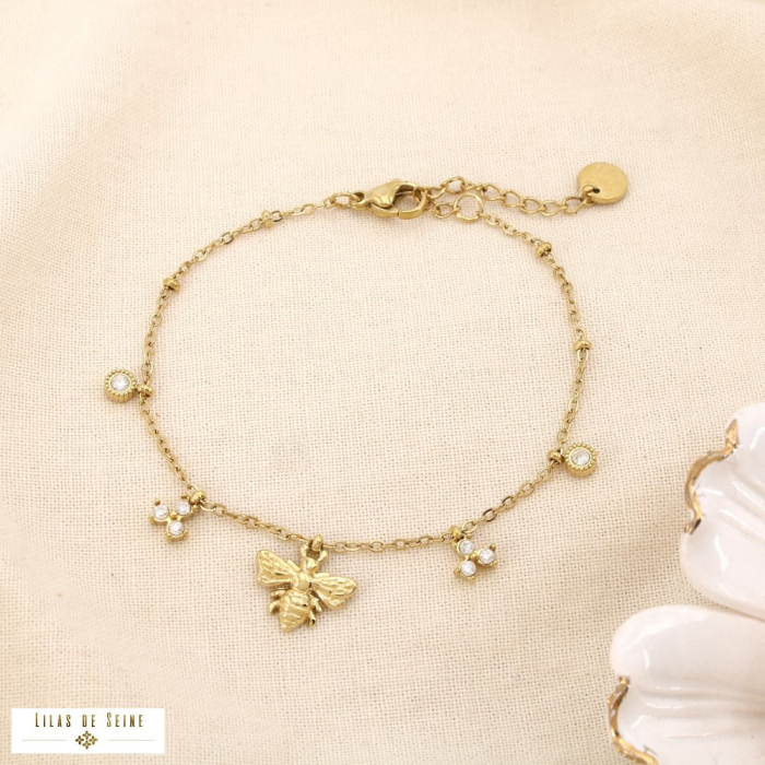 Bracelet acier inoxydable strass pampilles abeille 0225553 doré