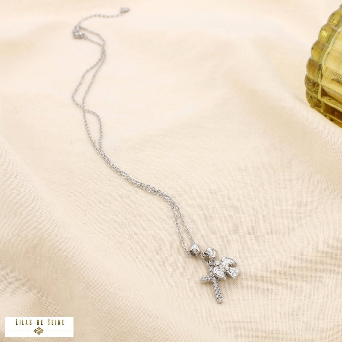 Collier acier strass pendentifs croix ange coeur 0125574 argenté