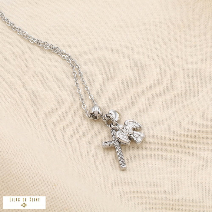Collier acier strass pendentifs croix ange coeur 0125574 argenté