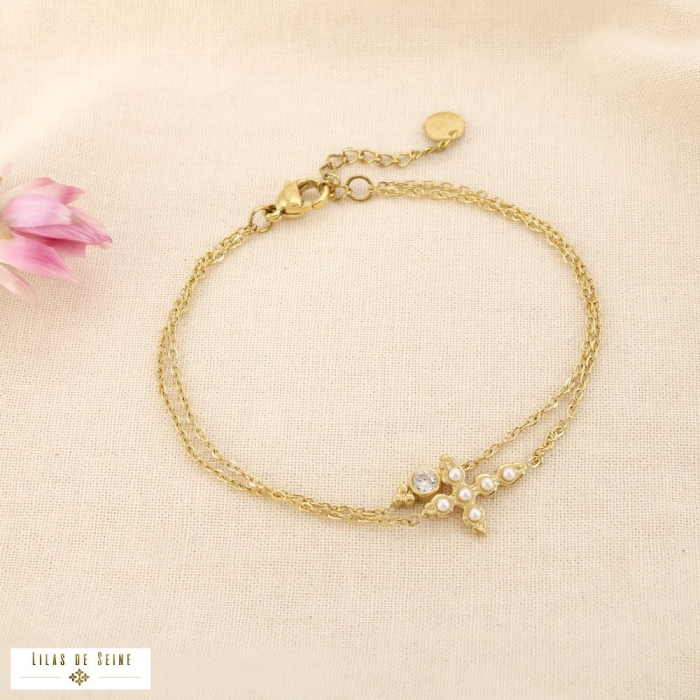 Bracelet acier double-rangs coix perle strass 0225575 doré