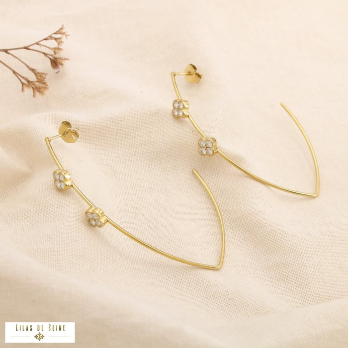 Boucles d’oreilles acier demi-créoles trèfle strass 0325510 doré