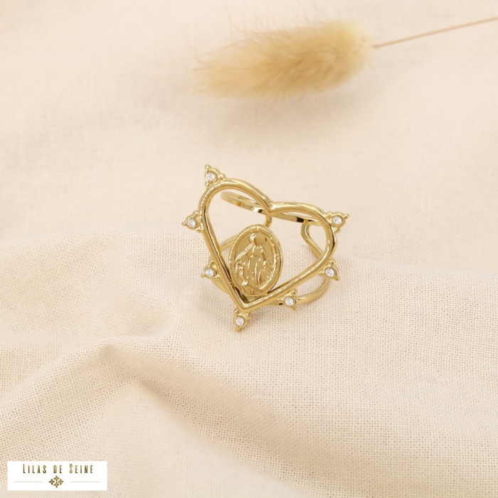 Bague acier inox strass ouverte coeur Vierge Marie 0425510 doré