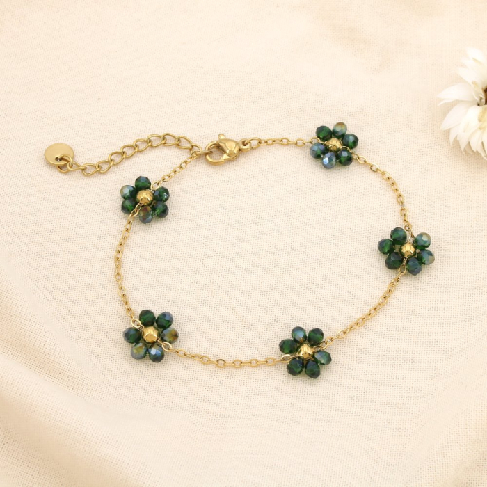 Bracelet en acier inoxydable fleurs bille facettée cristal 0224092 vert foncé