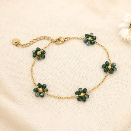 Bracelet en acier inoxydable fleurs bille facettée cristal 0224092 vert foncé