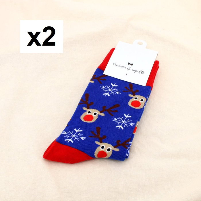 2 paires chaussettes imprimées renne flocon de neige 0625527 bleu foncé