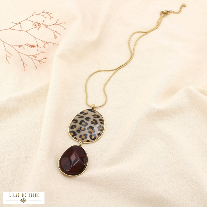 Collier acier inoxydable résine pendentif double 0125597 taupe