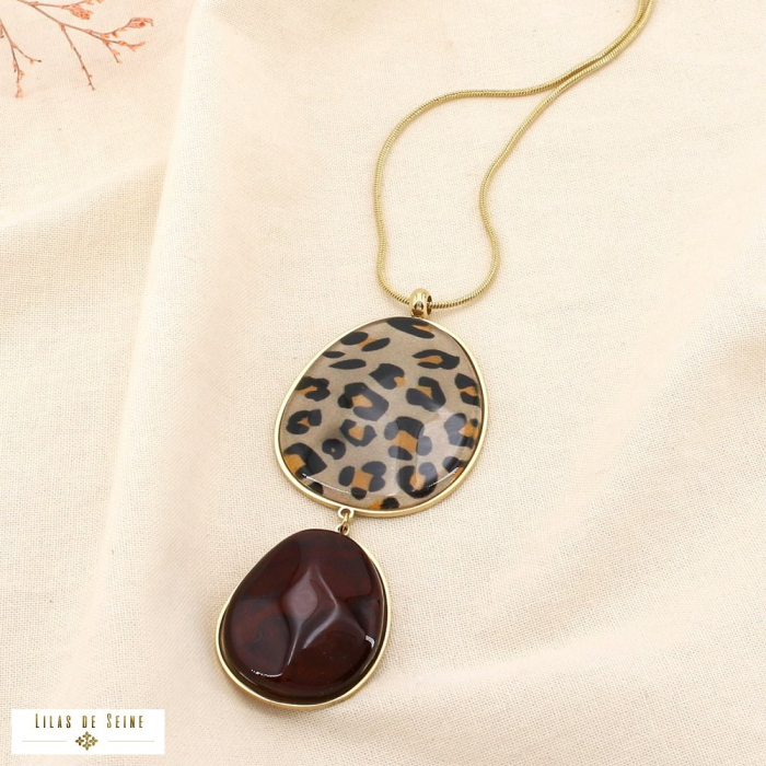 Collier acier inoxydable résine pendentif double 0125597 taupe