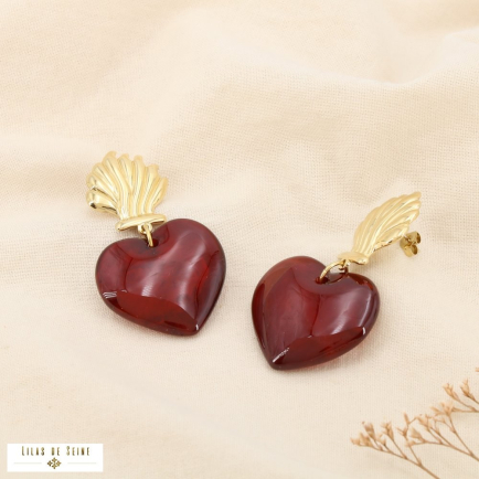 Boucles d’oreilles acier cœur sculptural résine 0325614 rouge bordeaux