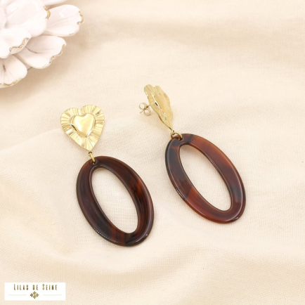 Boucles d’oreilles acier cœur résine ovale marbrée 0325617 cognac