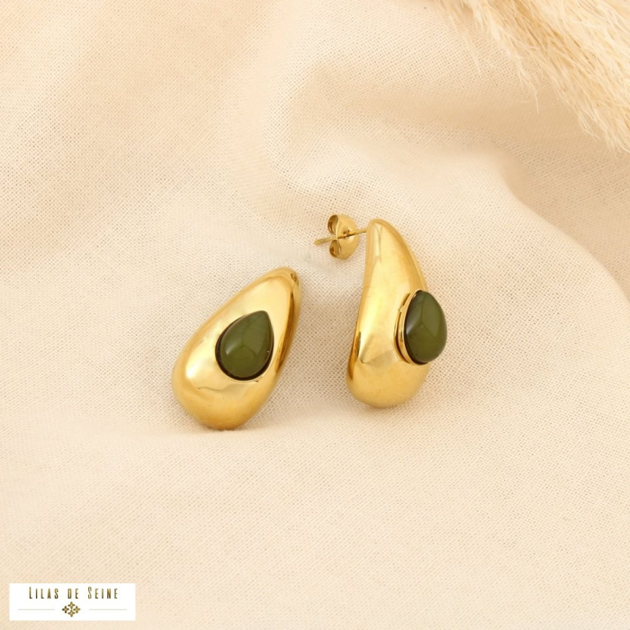 Boucles d’oreilles acier inoxydable goutte résine 0325623 vert kaki