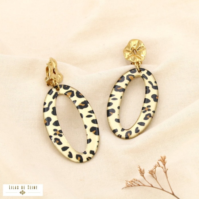 Boucles d’oreilles CLIP acier résine ovale léopard 0325625 taupe