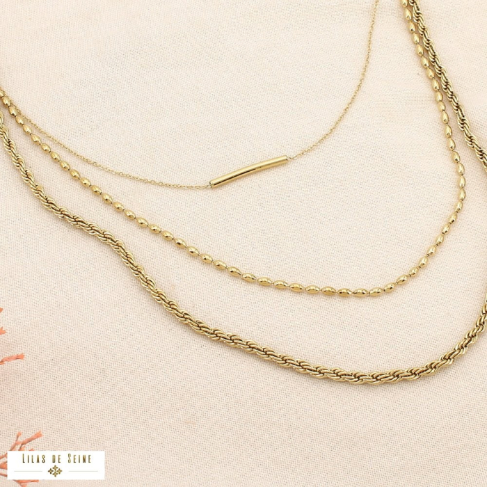 Collier multi-chaînes maille corde tube acier inoxydable 0124515 doré