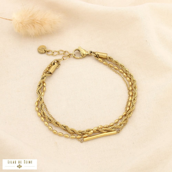 Bracelet multi-chaînes maille corde tube acier inoxydable 0224508 doré