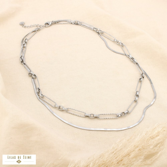 Collier double rangs acier chaînes contrastées 0125601 argenté
