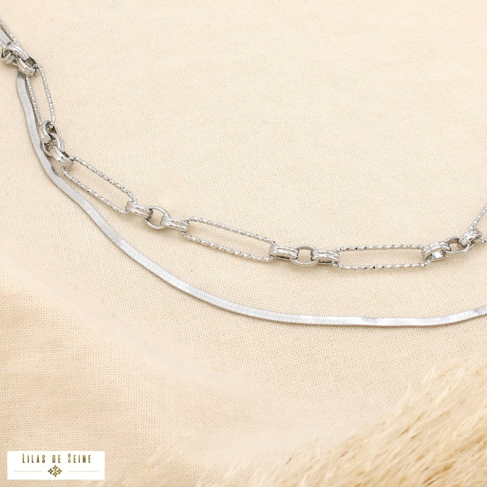 Collier double rangs acier chaînes contrastées 0125601 argenté