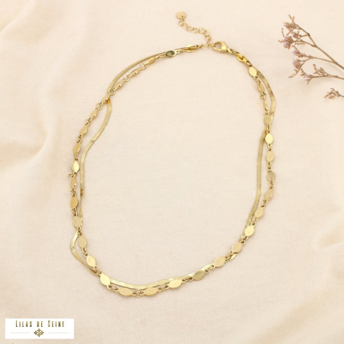 Collier double rangs acier inoxydable ovale poli 0125602 doré