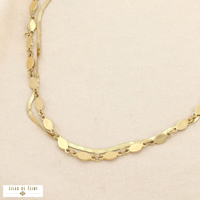 Collier double rangs acier inoxydable ovale poli 0125602 doré