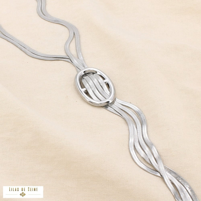 Collier double rangs polis acier pendentif anneau 0125603 argenté