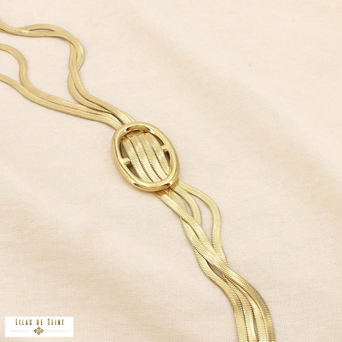 Collier double rangs polis acier pendentif anneau 0125603 doré