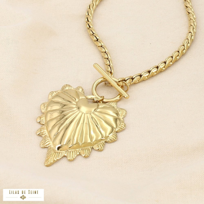 Collier acier fermoir T toggle pendentif cœur relief 0125606 doré