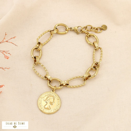 Bracelet acier inoxydable maillon ovale médaille 0225599 doré