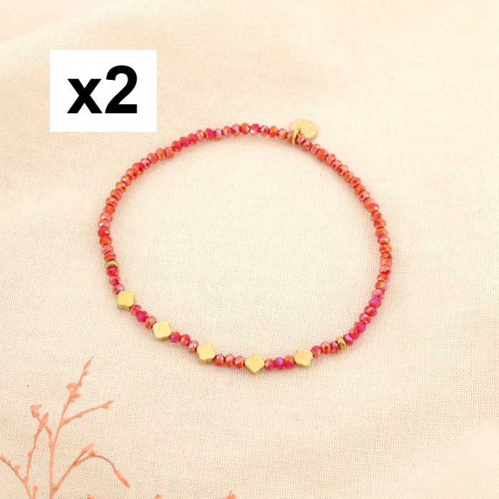 2 Bracelets fin élastique acier inox cristal trèfle 0225556 rouge