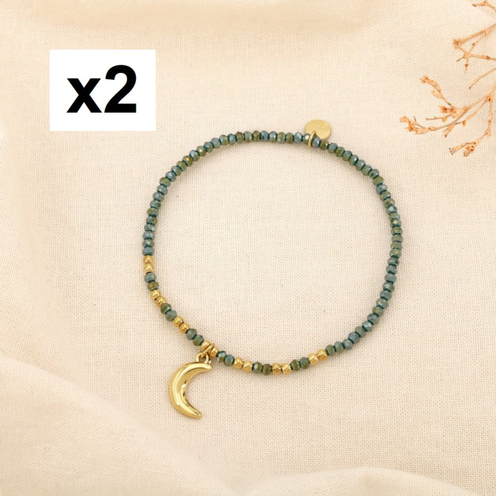 2 Bracelets minimaliste élastique acier cristal lune 0225559 vert
