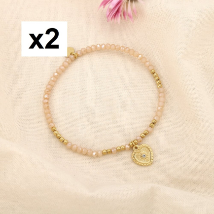 2 Bracelets fin élastique acier cristal strass cœur 0225560 naturel/beige