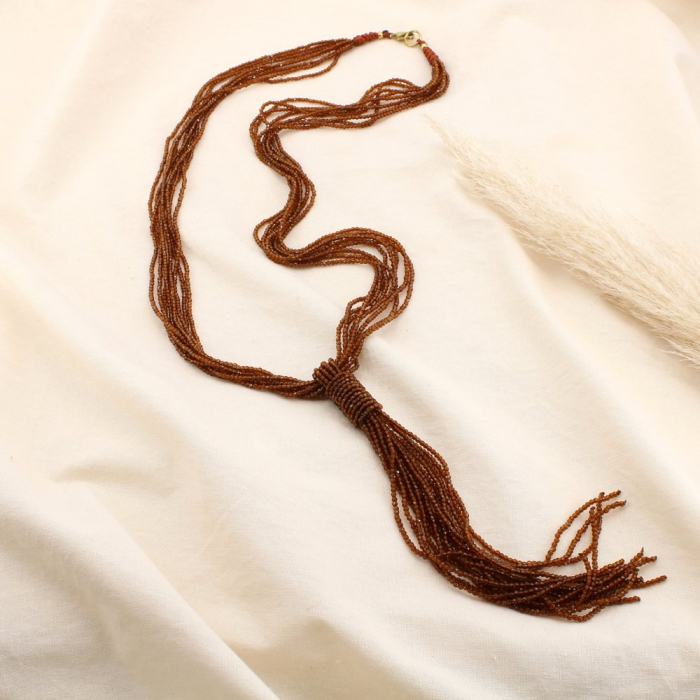 Sautoir multi-rangs acier inoxydable cristal franges 0125608 marron foncé