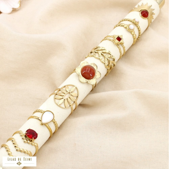 Ensemble 8 bagues acier strass pierre nuance rouge 0425547 rouge