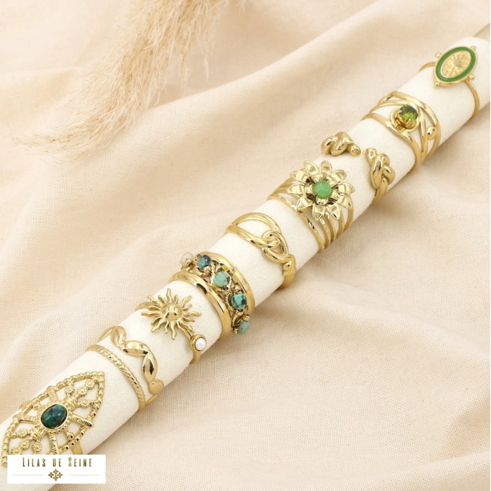 Ensemble 9 bagues acier strass pierre nuance vert 0425548 vert