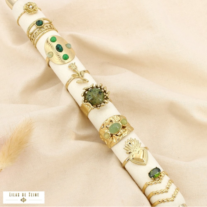 Ensemble 8 bagues acier strass pierre nuance verte 0425550 vert