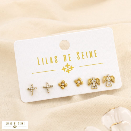 Set 3 boucles d'oreilles acier croix fleur ange 0325554 doré