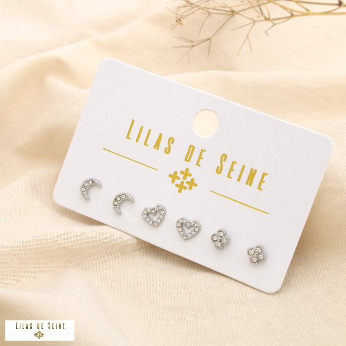 Set 3 boucles d'oreilles acier fleur cœur lune 0325556 argenté