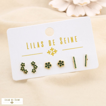 Set 3 boucles d'oreilles puces acier strass fleur 0325558 vert