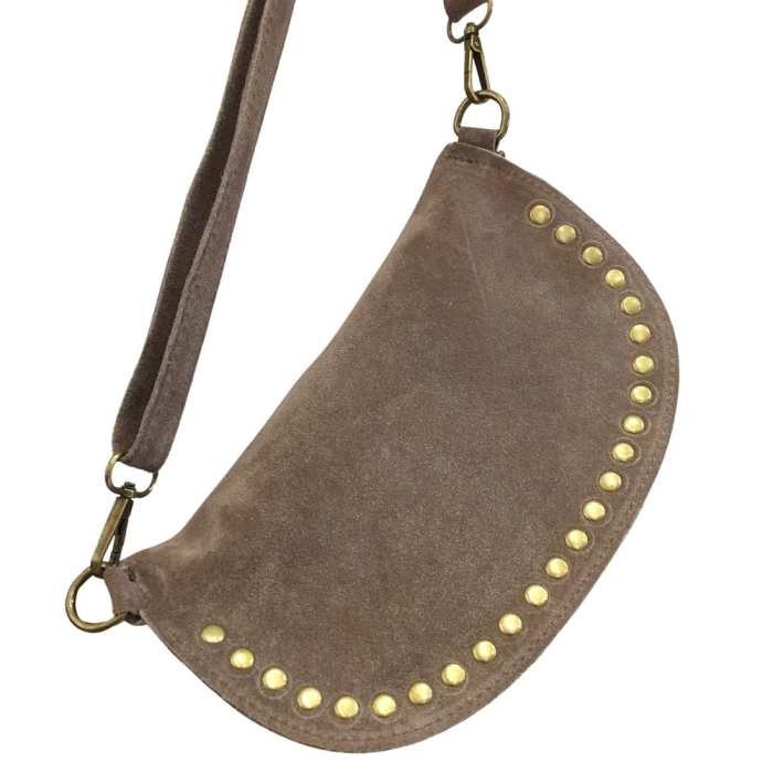 Sac banane cuir véritable daim clous 0924517 taupe foncé
