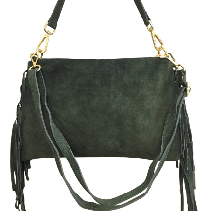 Sac porté épaule cuir véritable façon daim franges 0925510 kaki