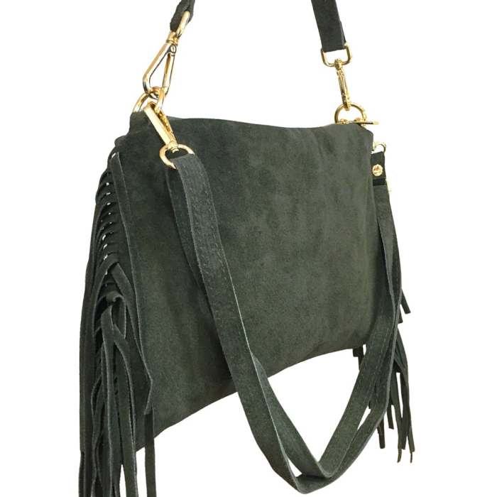 Sac porté épaule cuir véritable façon daim franges 0925510 kaki