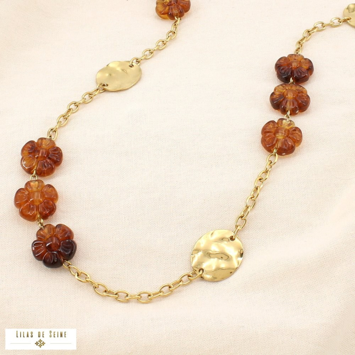 Collier sautoir acier inox fleur acrylique marbré 0125629 marron