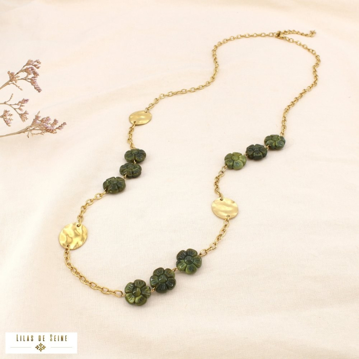 Collier sautoir acier inox fleur acrylique marbré 0125629 vert kaki