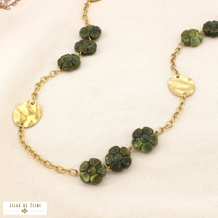 Collier sautoir acier inox fleur acrylique marbré 0125629 vert kaki