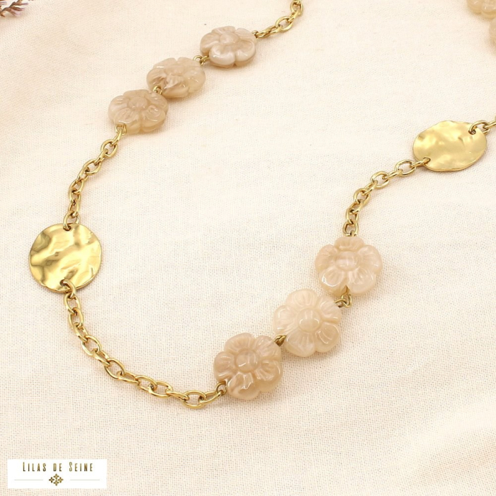 Collier sautoir acier inox fleur acrylique marbré 0125629 naturel/beige